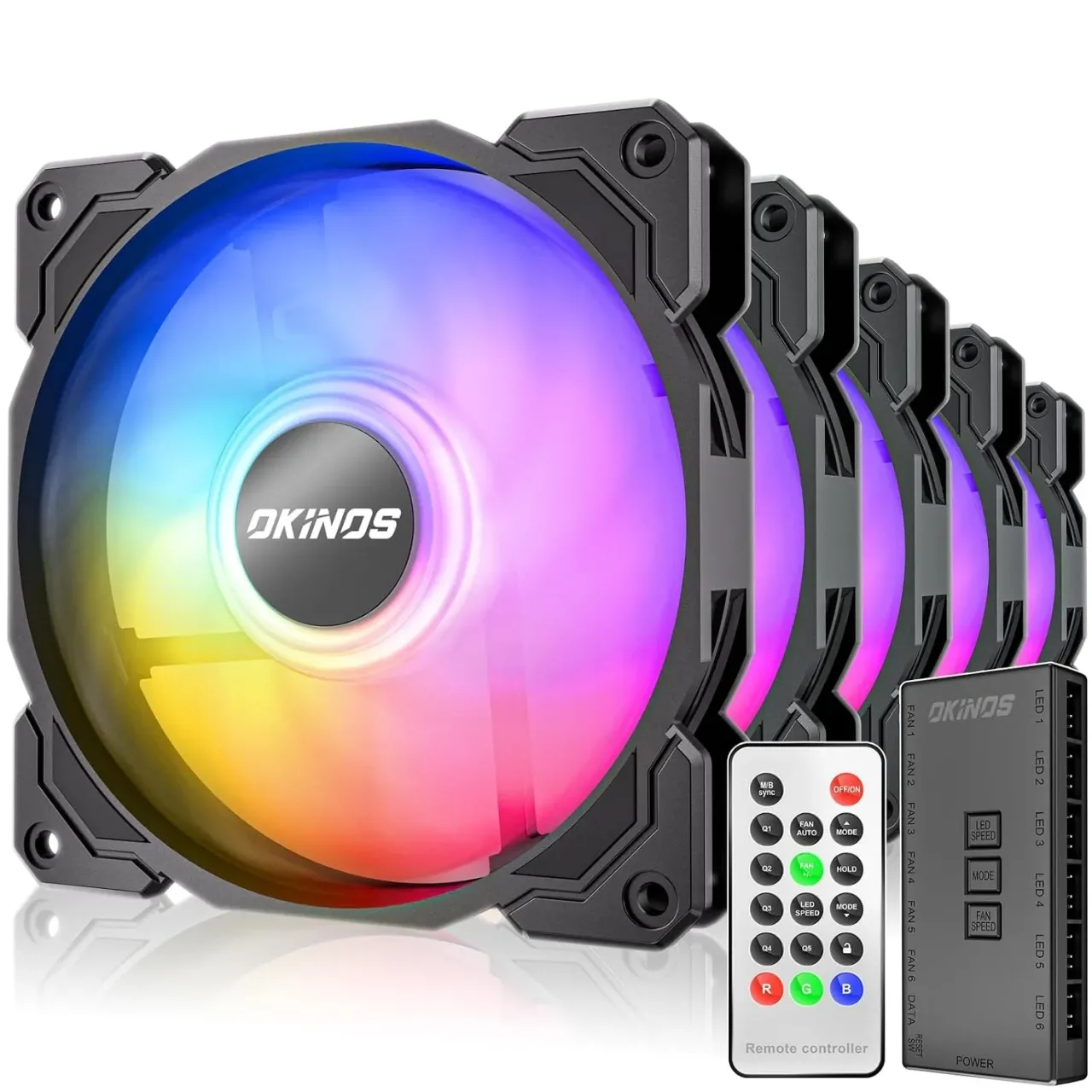 OKINOS 5-Pack 120mm RGB PWM Fans with Controller Hub & Remote